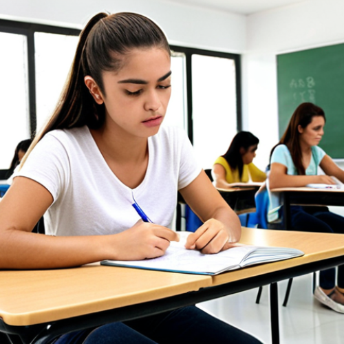 Home 11 **
A student confidently taking the HSK exam in a bright, modern classroom in Brazil. There are Portuguese language study materials visible. Focus on the student's determination and the Brazilian setting.
**
