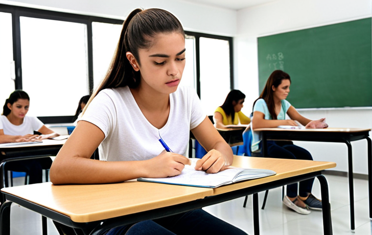 **
A student confidently taking the HSK exam in a bright, modern classroom in Brazil. There are Portuguese language study materials visible. Focus on the student's determination and the Brazilian setting.
**
