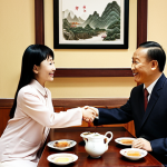 **Prompt:** A warm business meeting in China. Two people are smiling and shaking hands across a table with tea. The setting emphasizes "Guanxi" and long-term relationship building. Focus on respect and courteous interaction.