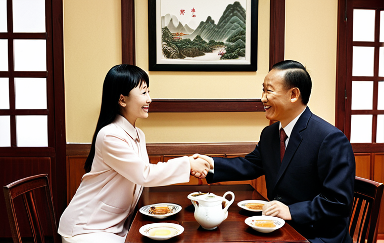 **Prompt:** A warm business meeting in China. Two people are smiling and shaking hands across a table with tea. The setting emphasizes "Guanxi" and long-term relationship building. Focus on respect and courteous interaction.