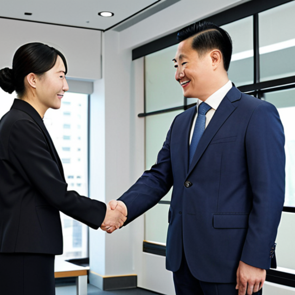 **
"A professional businessman in a modest tailored suit, shaking hands with a Chinese businesswoman in a modern office setting, fully clothed, appropriate attire, safe for work, perfect anatomy, natural proportions, professional cooperation, family-friendly business meeting, high quality"
**