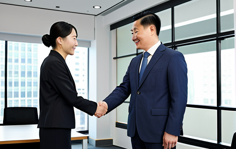 **

"A professional businessman in a modest tailored suit, shaking hands with a Chinese businesswoman in a modern office setting, fully clothed, appropriate attire, safe for work, perfect anatomy, natural proportions, professional cooperation, family-friendly business meeting, high quality"

**