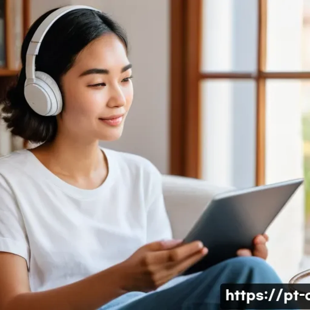 HSK 듣기 파트의 출제 경향 분석 - **Prompt:** A young woman in her mid-20s, with a gentle and focused expression, is comfortably seate...