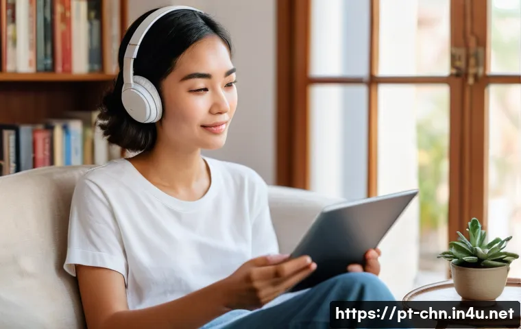 HSK 듣기 파트의 출제 경향 분석 - **Prompt:** A young woman in her mid-20s, with a gentle and focused expression, is comfortably seate...