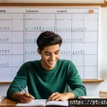 Home 20 중국어 공부 루틴 만들기 - A cozy study room scene featuring a young adult of Brazilian descent sitting at a wooden desk with a...