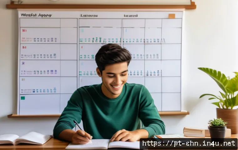 중국어 공부 루틴 만들기 - A cozy study room scene featuring a young adult of Brazilian descent sitting at a wooden desk with a...