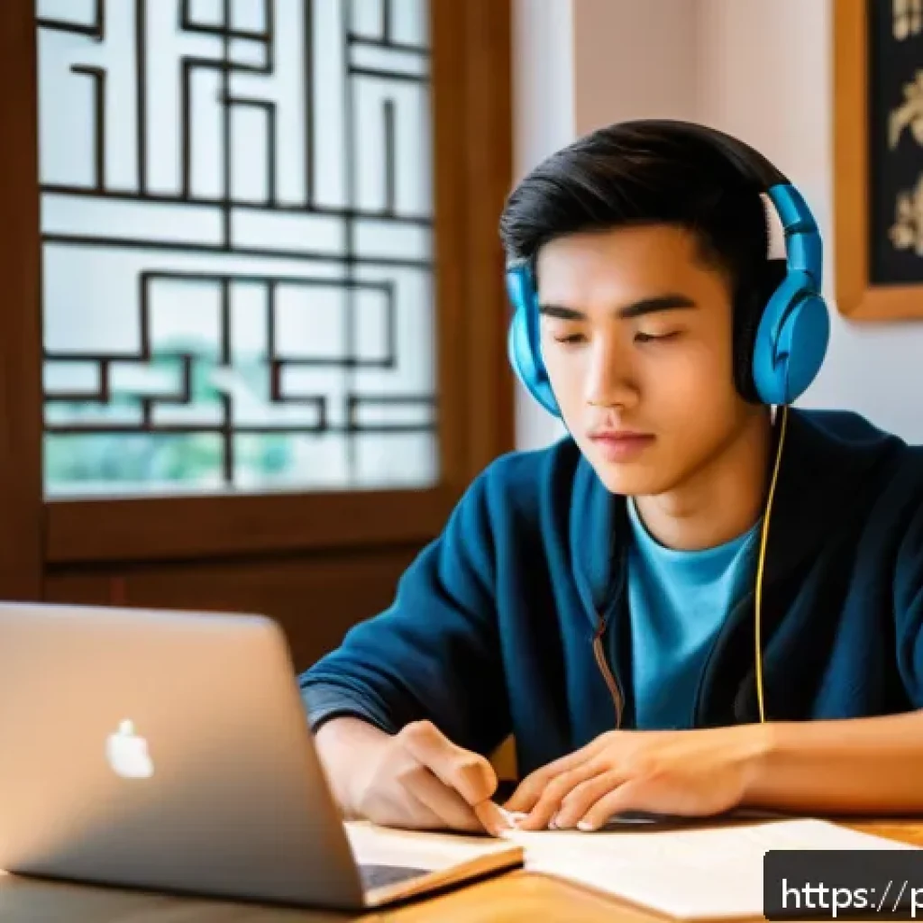 중국어 실기 시험 문제 유형 분석 - A focused young adult student sitting at a modern study desk in a cozy home environment, headphones ...