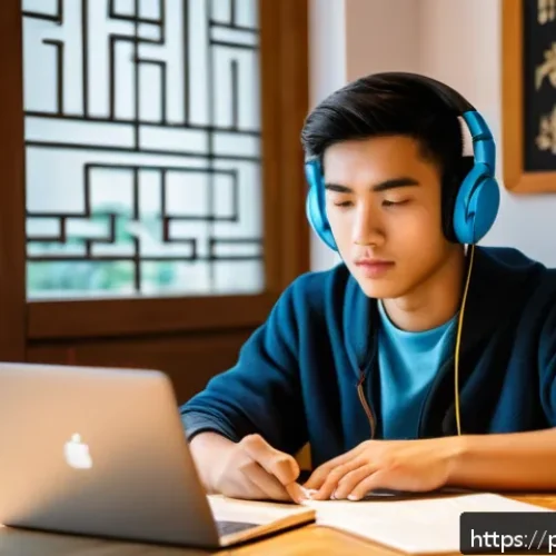 Home 31 중국어 실기 시험 문제 유형 분석 - A focused young adult student sitting at a modern study desk in a cozy home environment, headphones ...