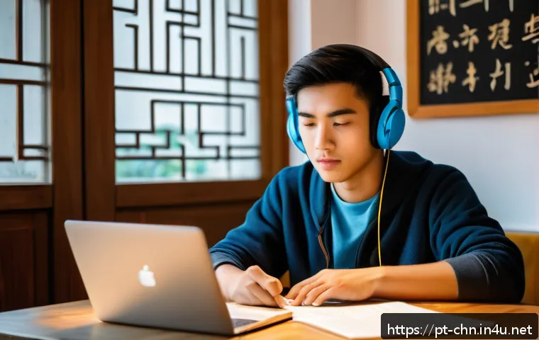 중국어 실기 시험 문제 유형 분석 - A focused young adult student sitting at a modern study desk in a cozy home environment, headphones ...