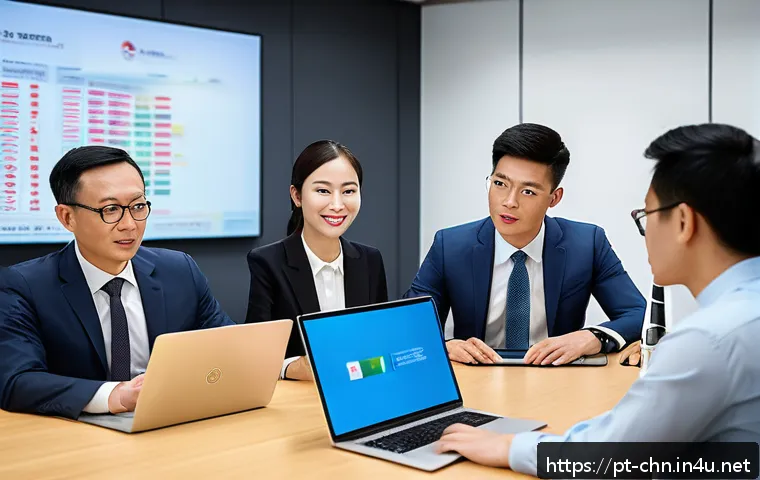 중국어 실무 프로젝트 경험 나누기 - A professional business meeting scene in a modern office with diverse multicultural participants eng...